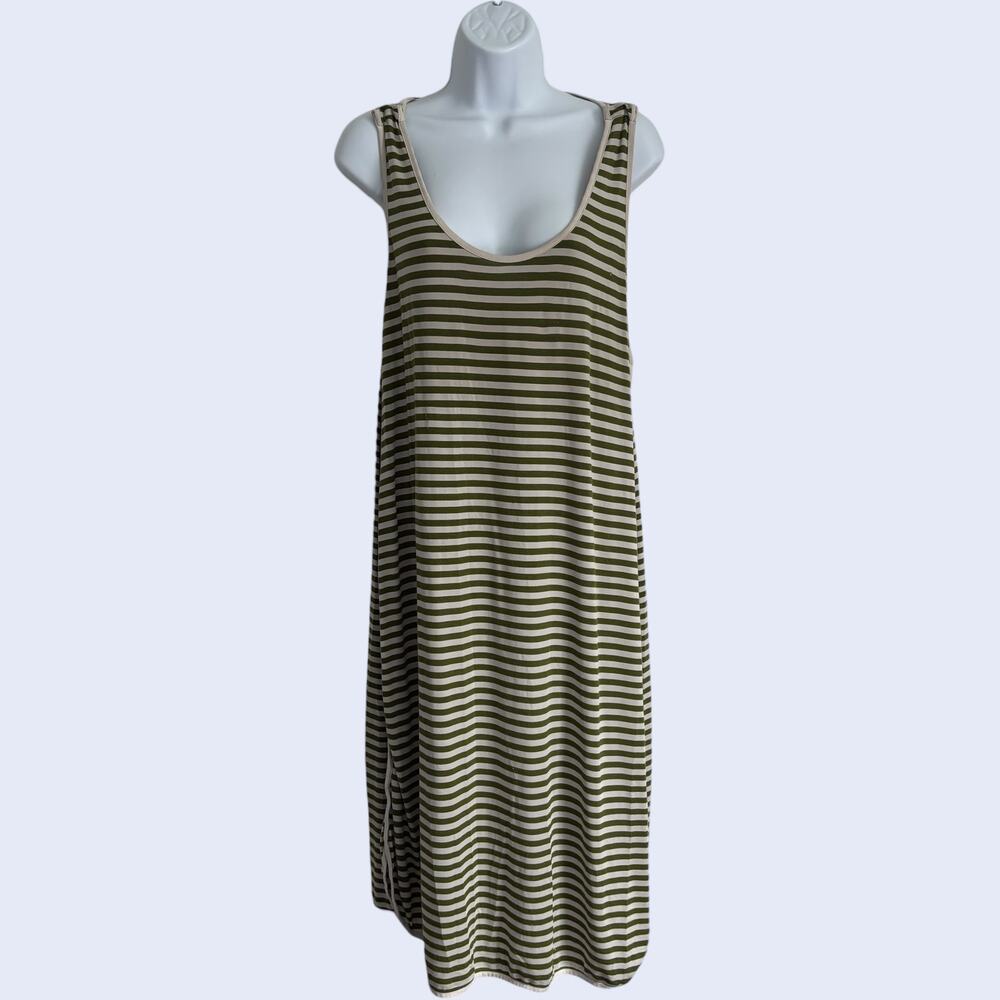 Ekouaer L Casual Wrap Dress Olive Green Striped Sleeveless Boho